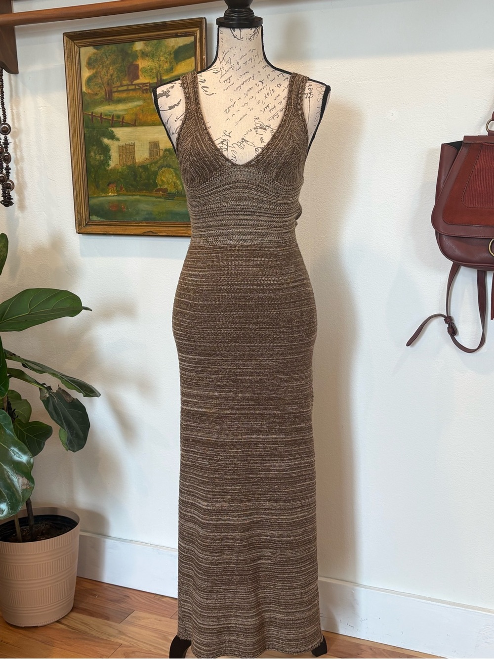 Torn By Ronny Kobo Brown Crochet Bodycon Midi Dress | Open Back | Stretch Knit